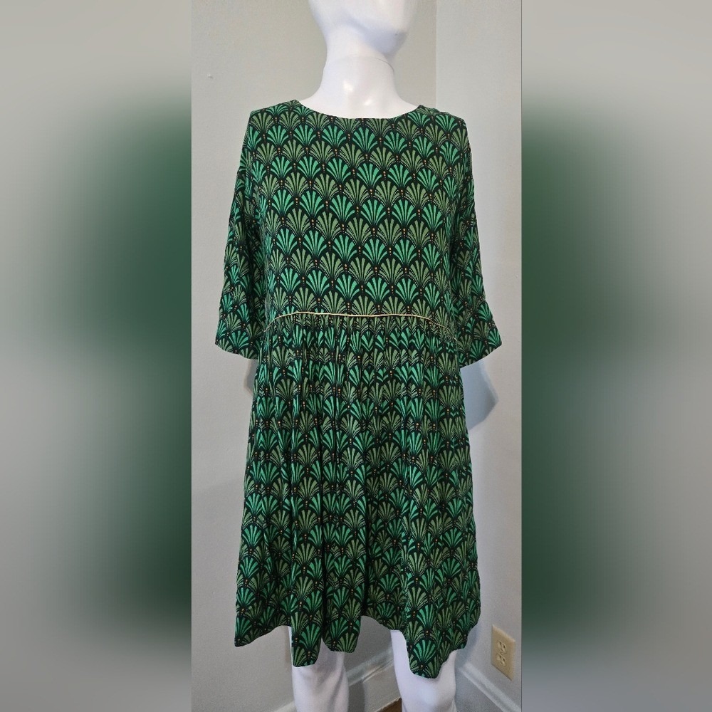 Anthropologie Green and Black Patterned Midi Dress